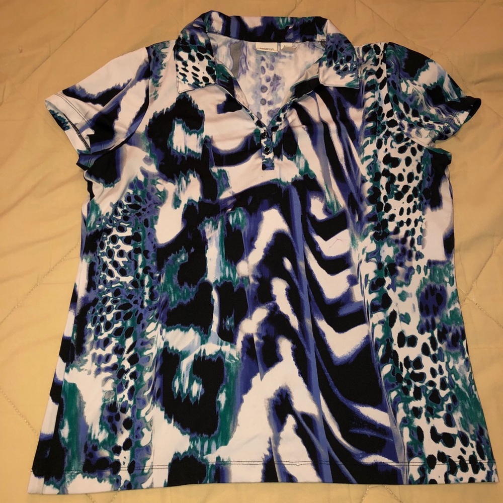 Blue and white pattered Zenergy polo blouse
